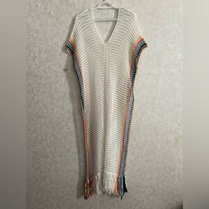 Women’s Cream Crochet Swim Coverup with Rainbow Trim